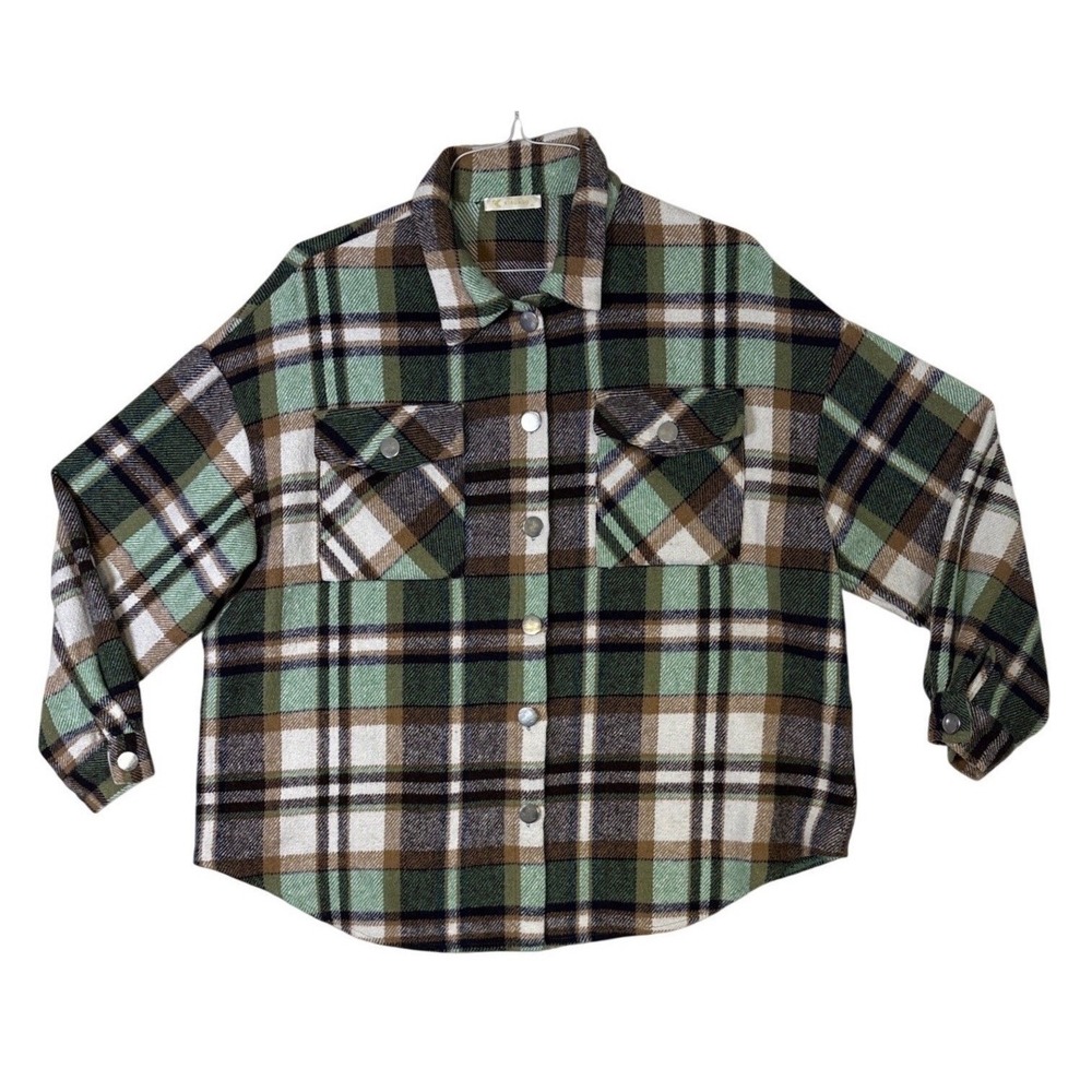 KIRUNDO Womens XL Green Plaid Button Down Shacket Oversized Flannel Jacket 7092